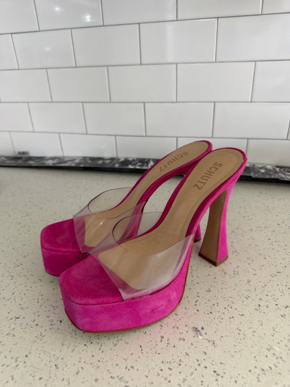 SCHUTZ Hot Pink Platform Mule Heels with Clear Band